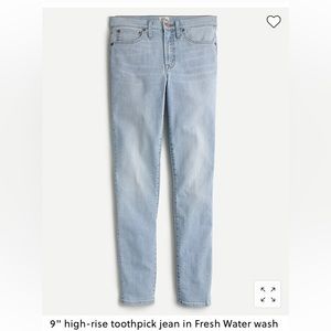 NWT J. Crew 9" High-Rise Toothpick Jean in Fresh Water Wash